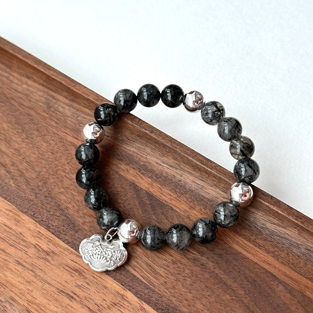 BS189 [Scorpio Sagittarius | November] Black Rutilated Quartz Peace Lock Silver-plated Bracelet