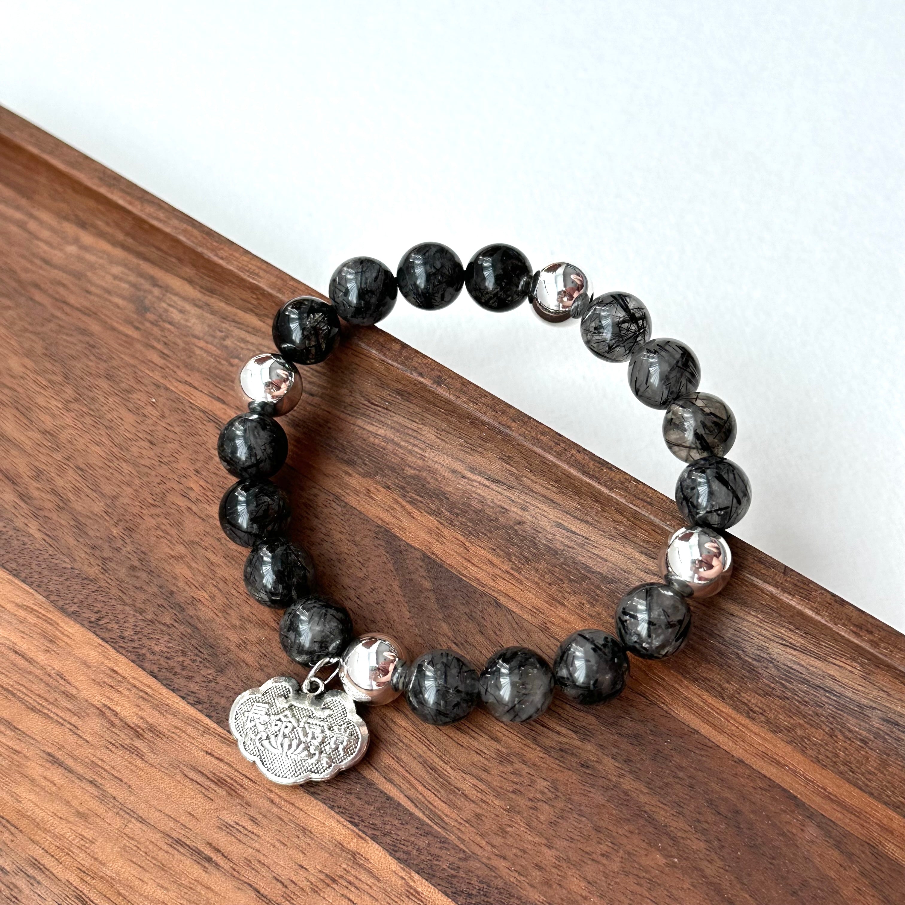 BS189 [Scorpio Sagittarius | November] Black Rutilated Quartz Peace Lock Silver-plated Bracelet