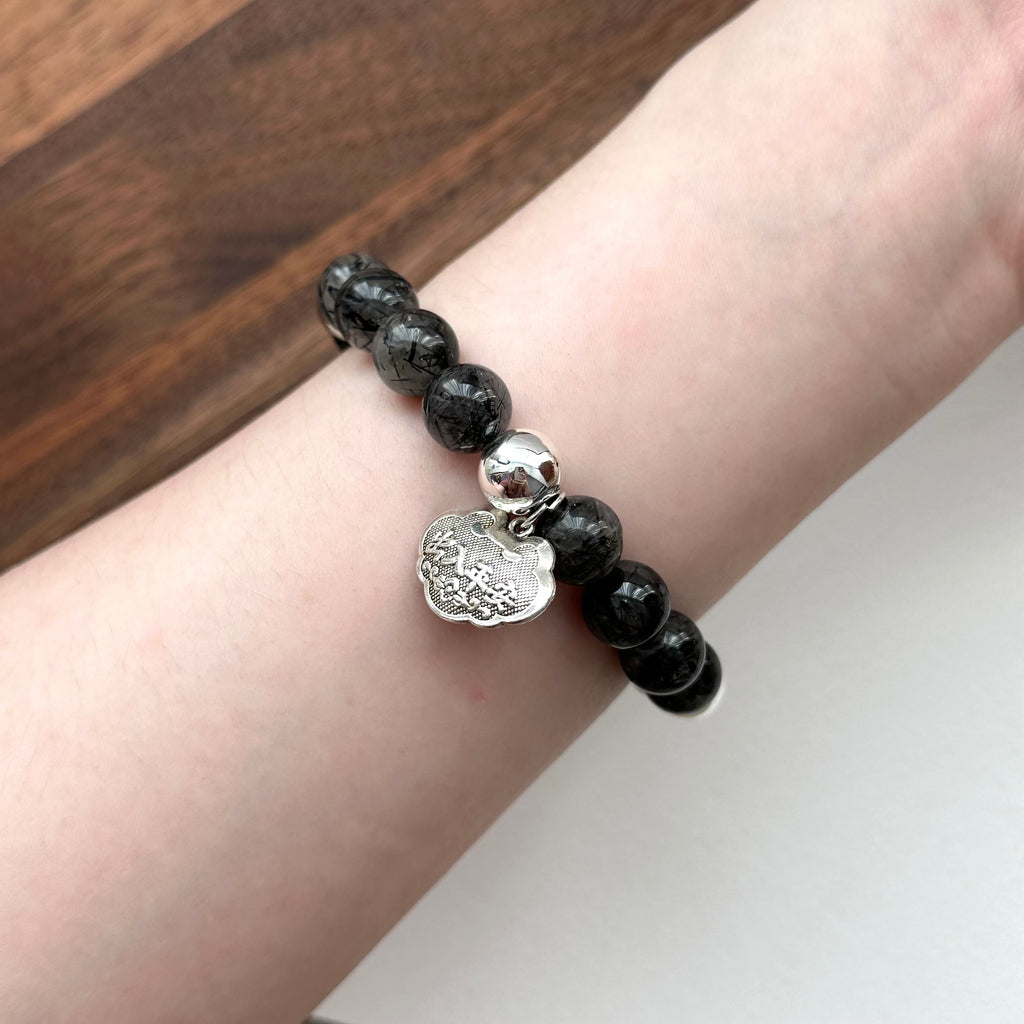 BS189 [Scorpio Sagittarius | November] Black Rutilated Quartz Peace Lock Silver-plated Bracelet
