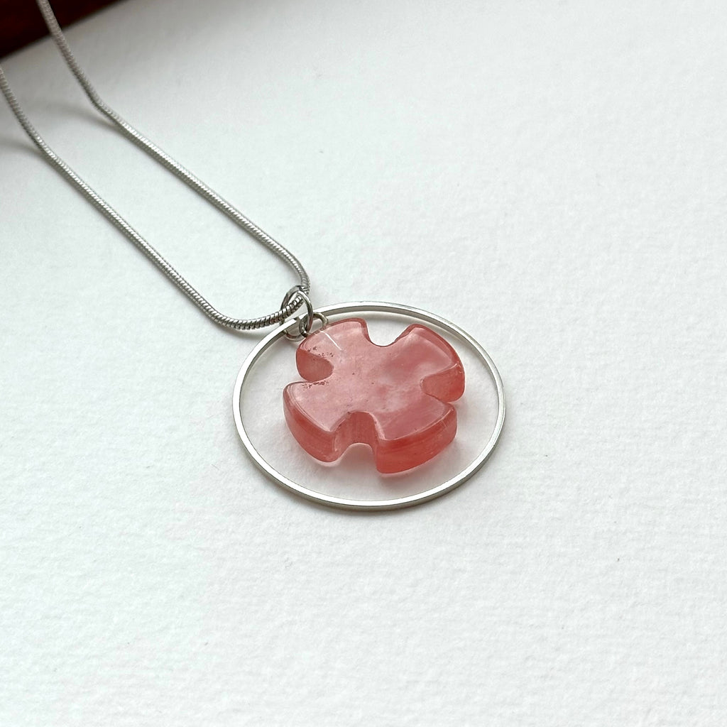 N38 [Lucky Glass] Watermelon Red Cross Puzzle Round Silver-plated Necklace