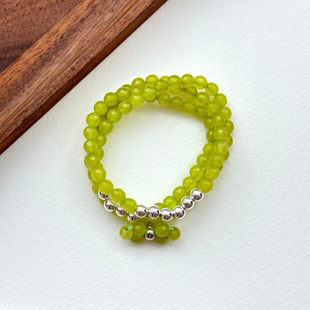 BS191 [Three Rings] Cut Angle Green Stone Simple Silver-plated Three-Circle Small Bow Bracelet