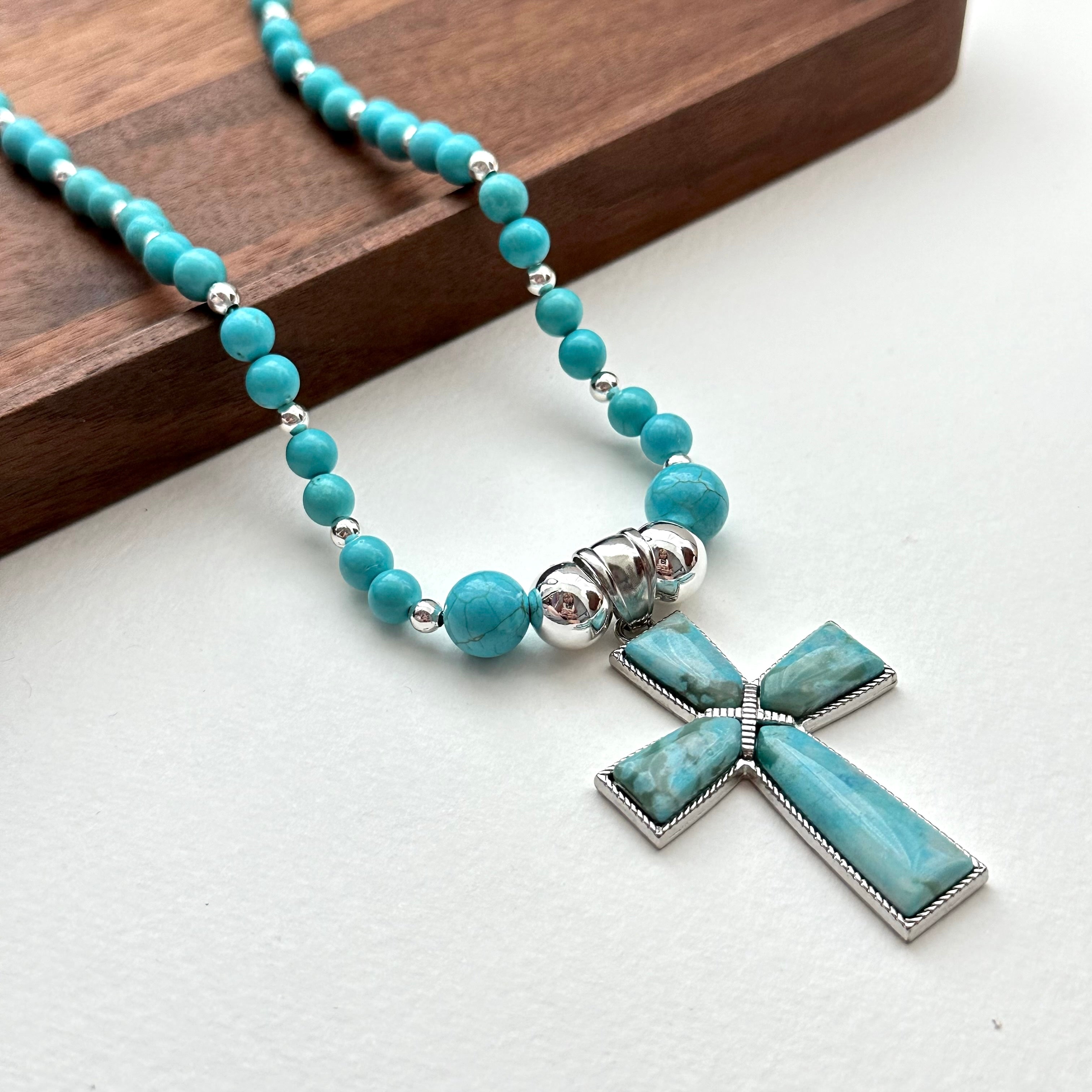 N45 [Sagittarius Capricorn | December Birthday] Blue Turquoise Cross Silver-plated Necklace