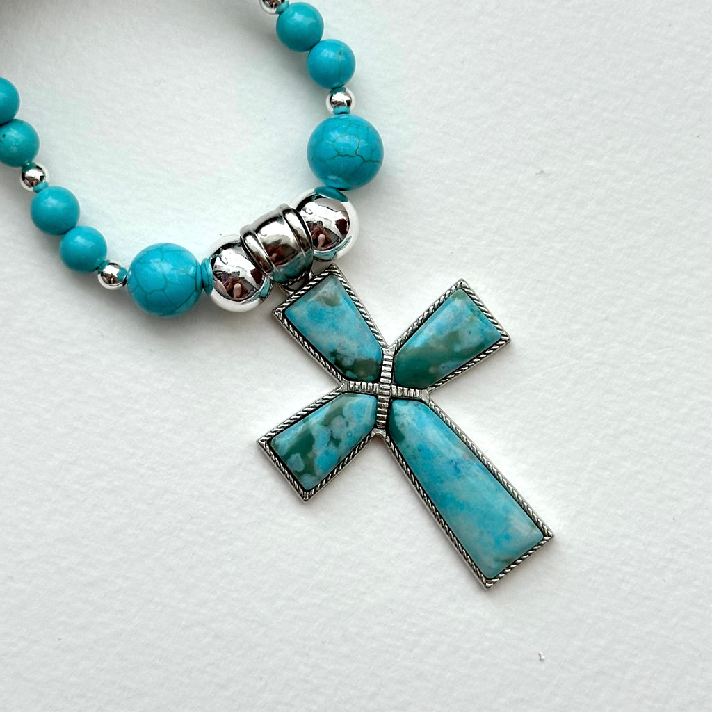 N45 [Sagittarius Capricorn | December Birthday] Blue Turquoise Cross Silver-plated Necklace