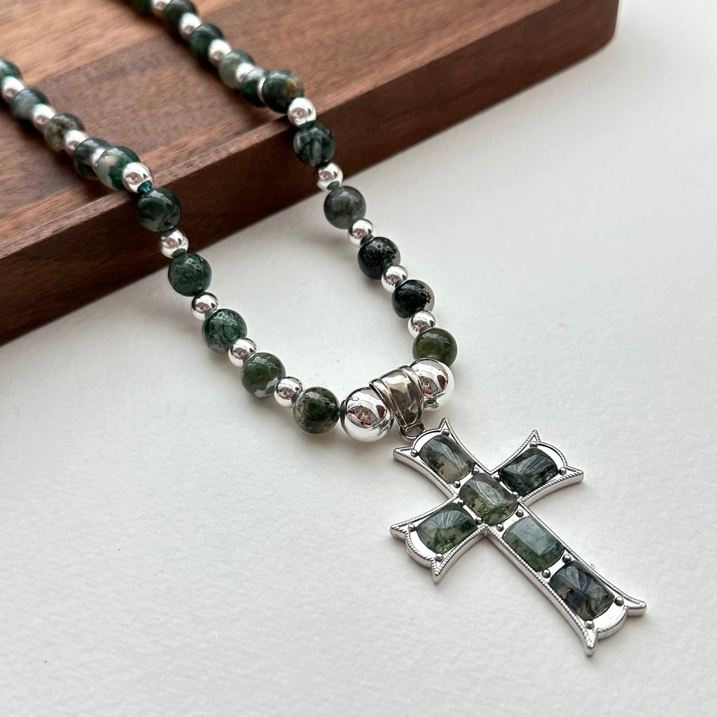 N49【New Beginning】Water Grass Agate Cross Silver Plated Necklace