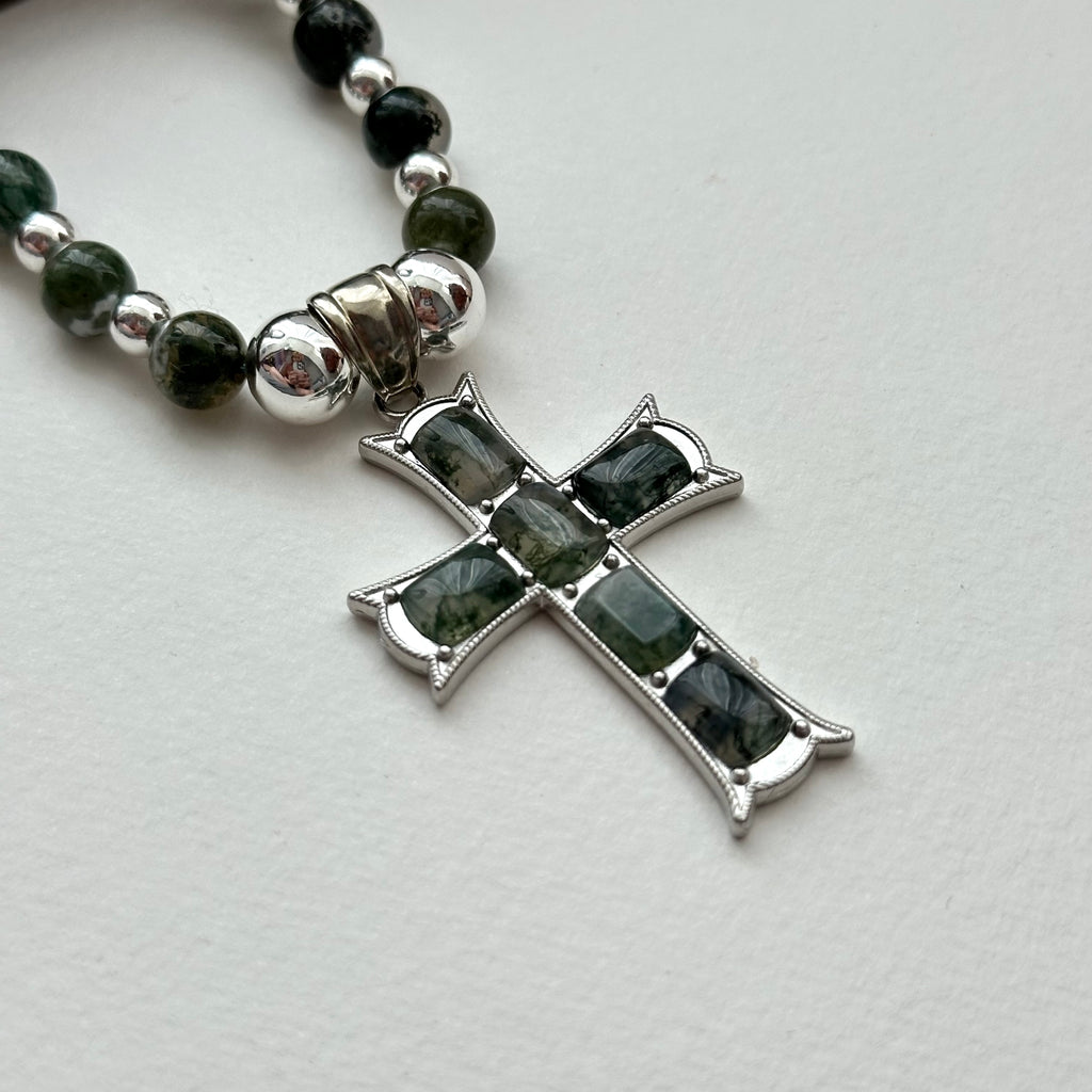 N49【New Beginning】Water Grass Agate Cross Silver Plated Necklace