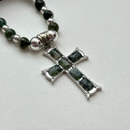 N49【New Beginning】Water Grass Agate Cross Silver Plated Necklace