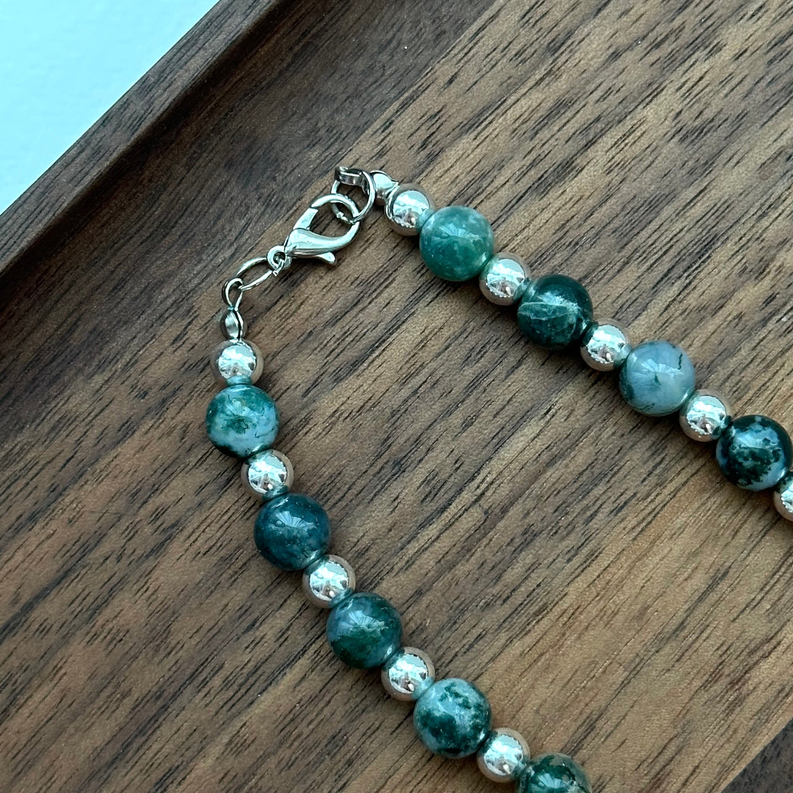 N49【New Beginning】Water Grass Agate Cross Silver Plated Necklace