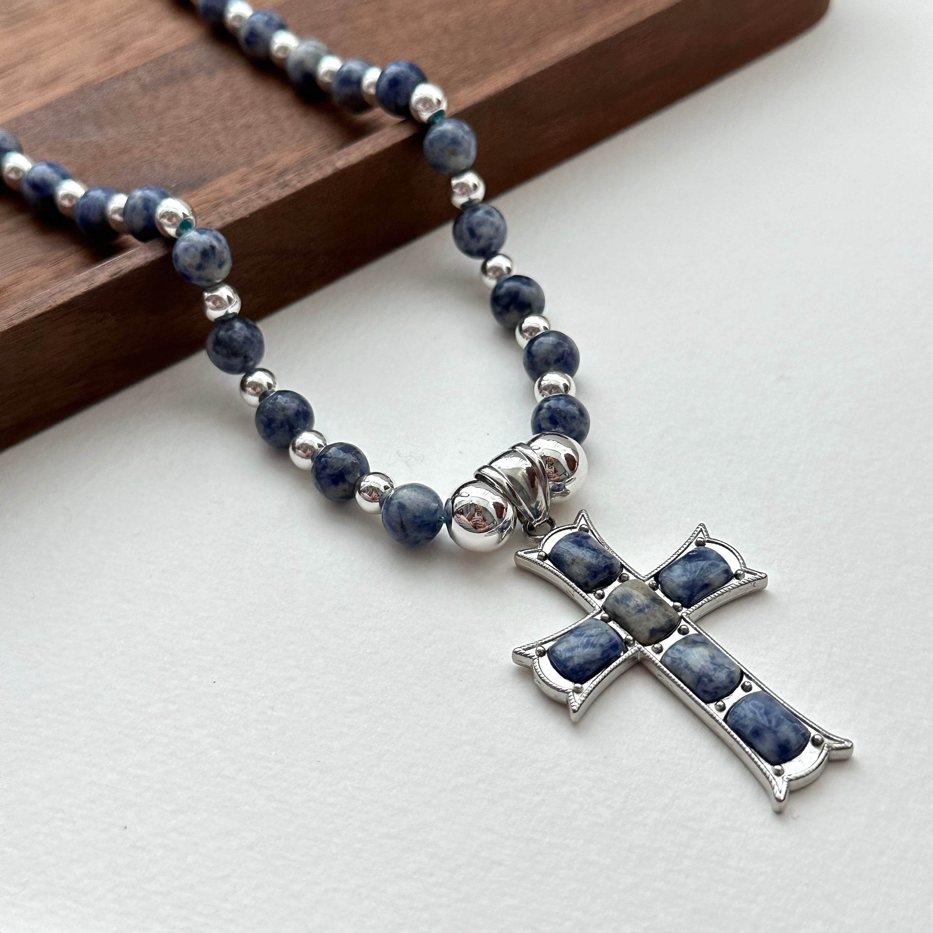 N46【Clear Yourself】Blue Stone Cross Silver-plated Necklace
