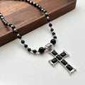 N47【獅子處女座|8月】黑瑪瑙十字架鍍銀頸鏈項鏈