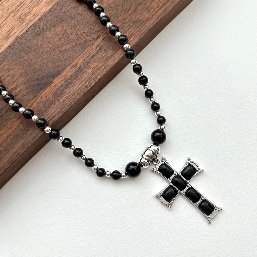 N47【獅子處女座|8月】黑瑪瑙十字架鍍銀頸鏈項鏈