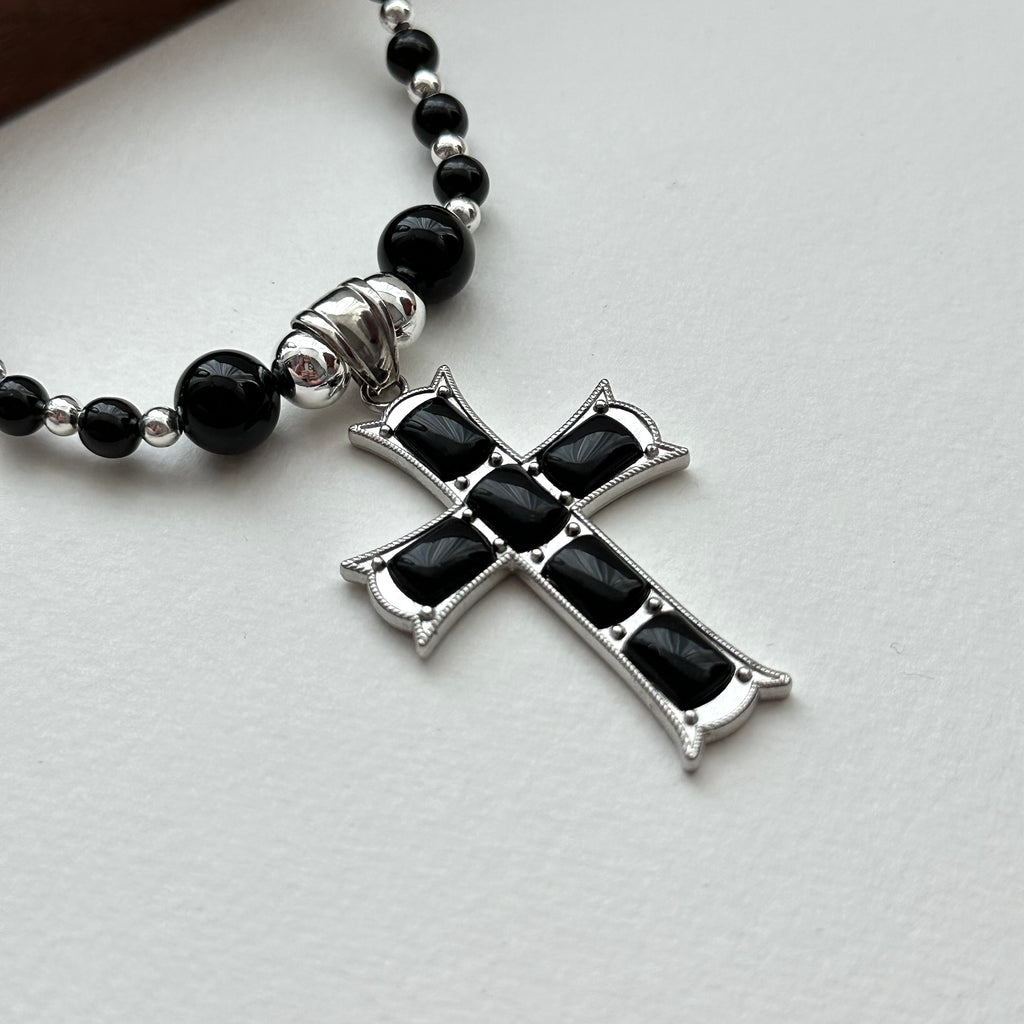 N47【獅子處女座|8月】黑瑪瑙十字架鍍銀頸鏈項鏈