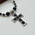N47【獅子處女座|8月】黑瑪瑙十字架鍍銀頸鏈項鏈