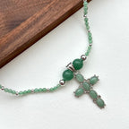 N48 [Taurus Gemini | May Birthday] Green Aventurine Cross Silver-plated Necklace