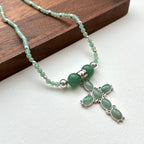 N48 [Taurus Gemini | May Birthday] Green Aventurine Cross Silver-plated Necklace