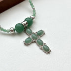 N48 [Taurus Gemini | May Birthday] Green Aventurine Cross Silver-plated Necklace