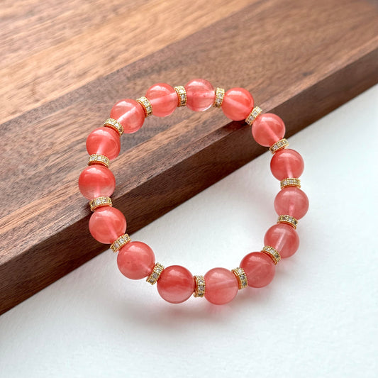 BS30【幸運】西瓜紅18K鍍金古典手鏈手串 Watermelon Quartz Classic Gold Accessories Bracelet