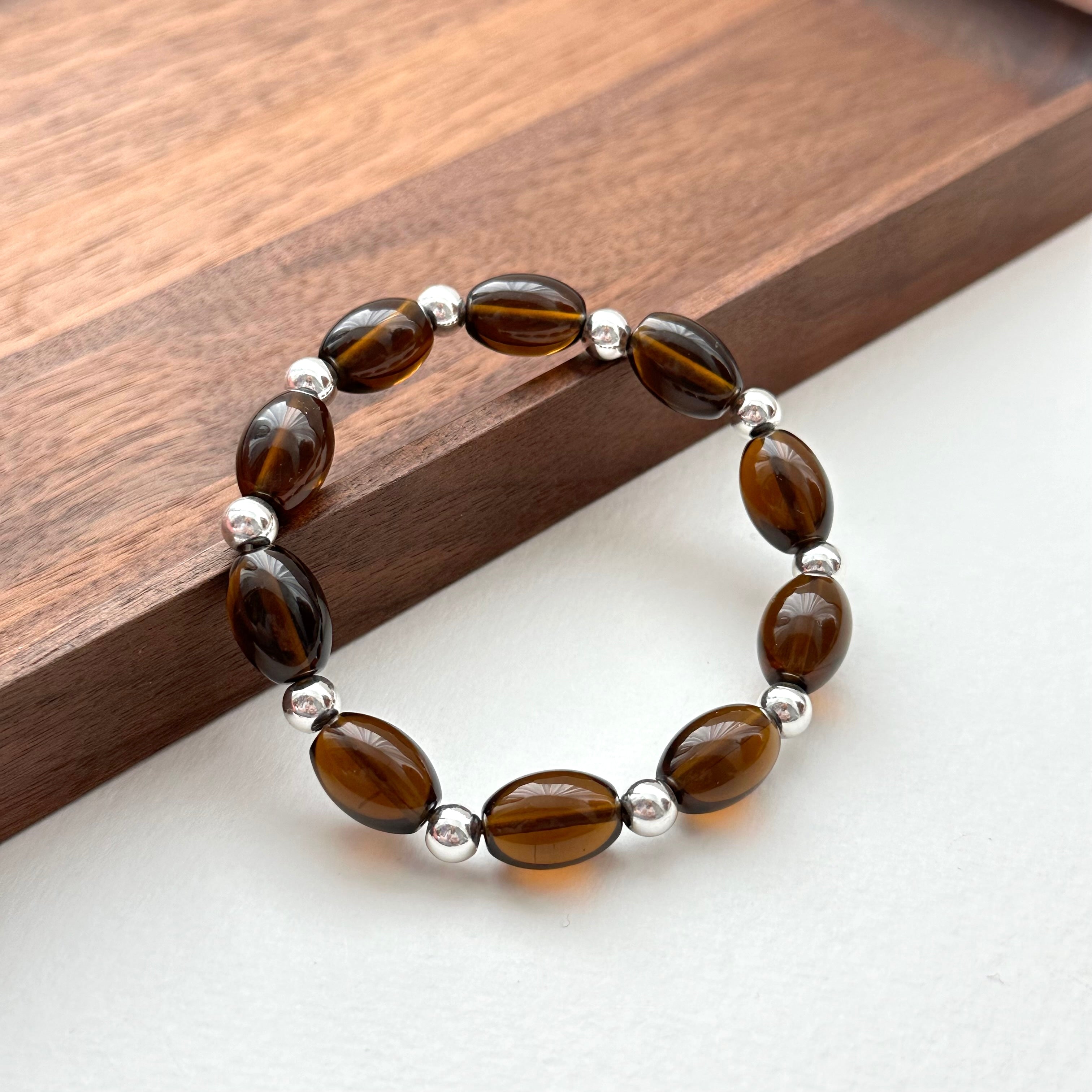 BS215 [Powerful Stone for Spiritual Protection] Smoky Quartz Oval Simple Silver-Plated Bracelet