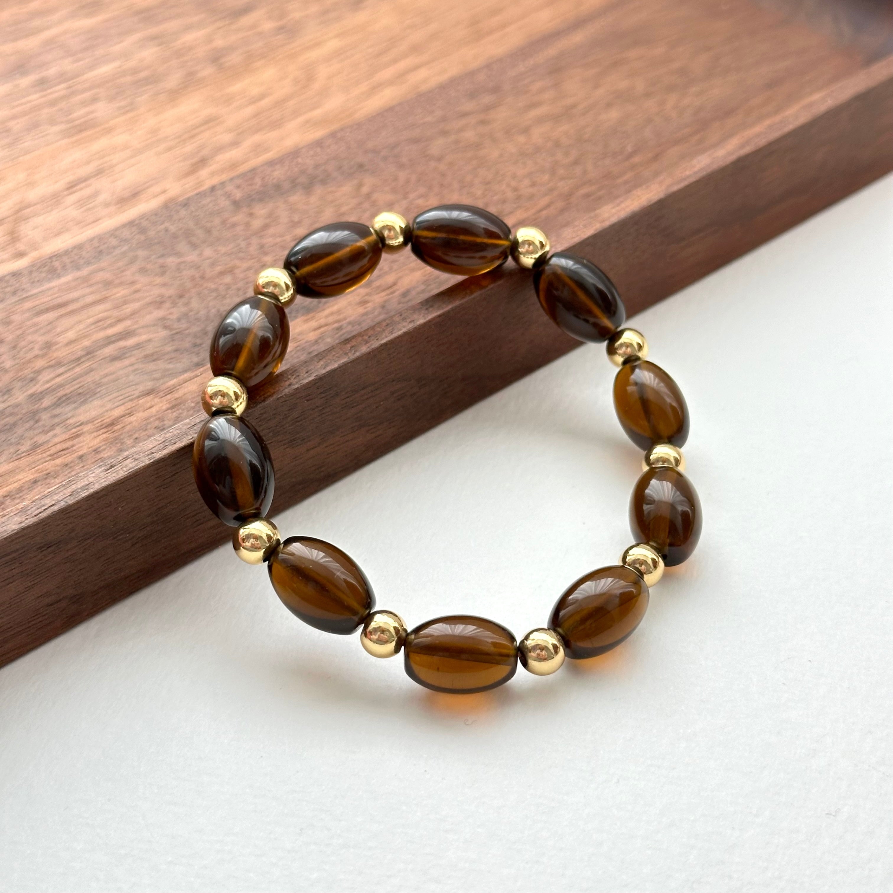 BS216 [Powerful Spiritual Protection Stone] Smoky Quartz Oval Simple Gold-Plated Bracelet