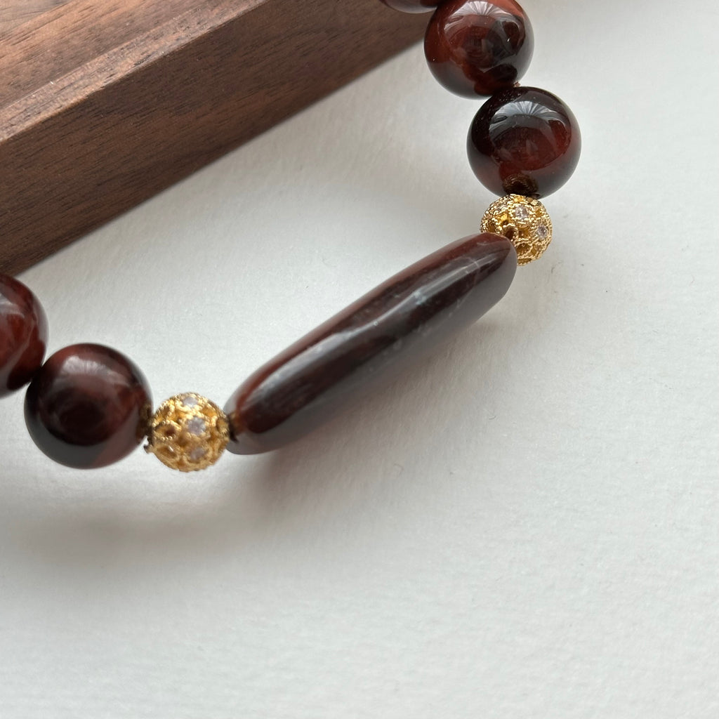BS217 [Gemini Birthstone] Red Tiger Eye 18k Gold Plated Ball Bracelet