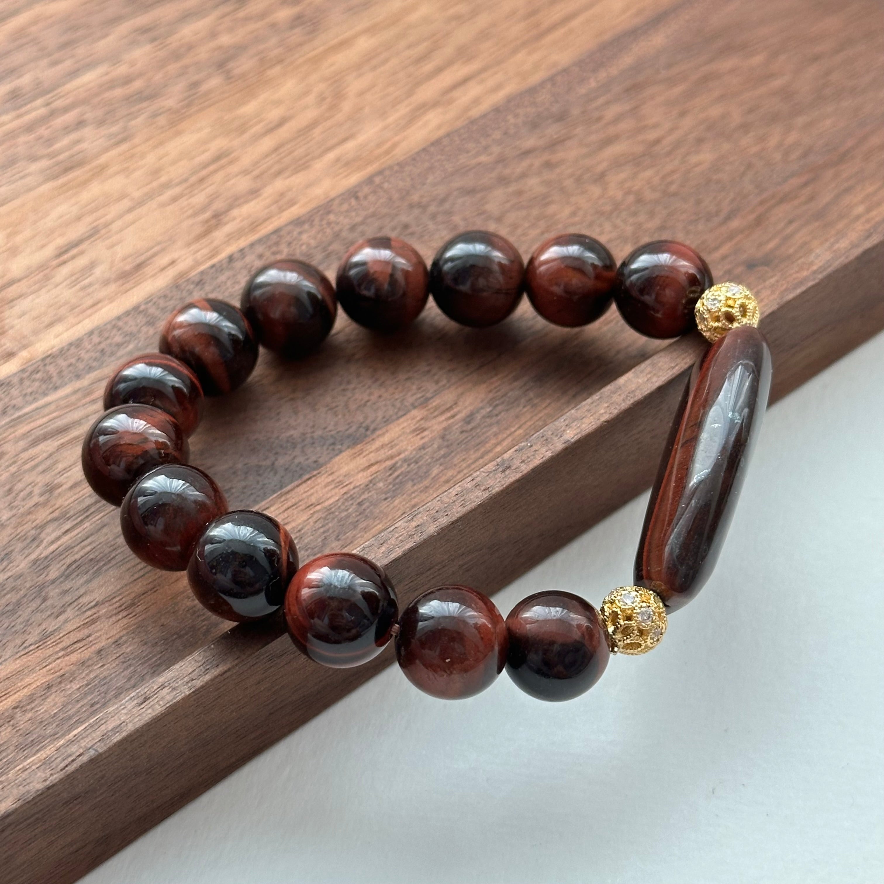 BS217 [Gemini Birthstone] Red Tiger Eye 18k Gold Plated Ball Bracelet