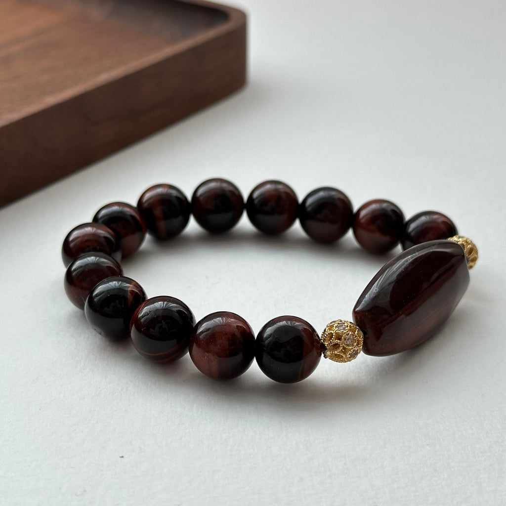 BS217 [Gemini Birthstone] Red Tiger Eye 18k Gold Plated Ball Bracelet