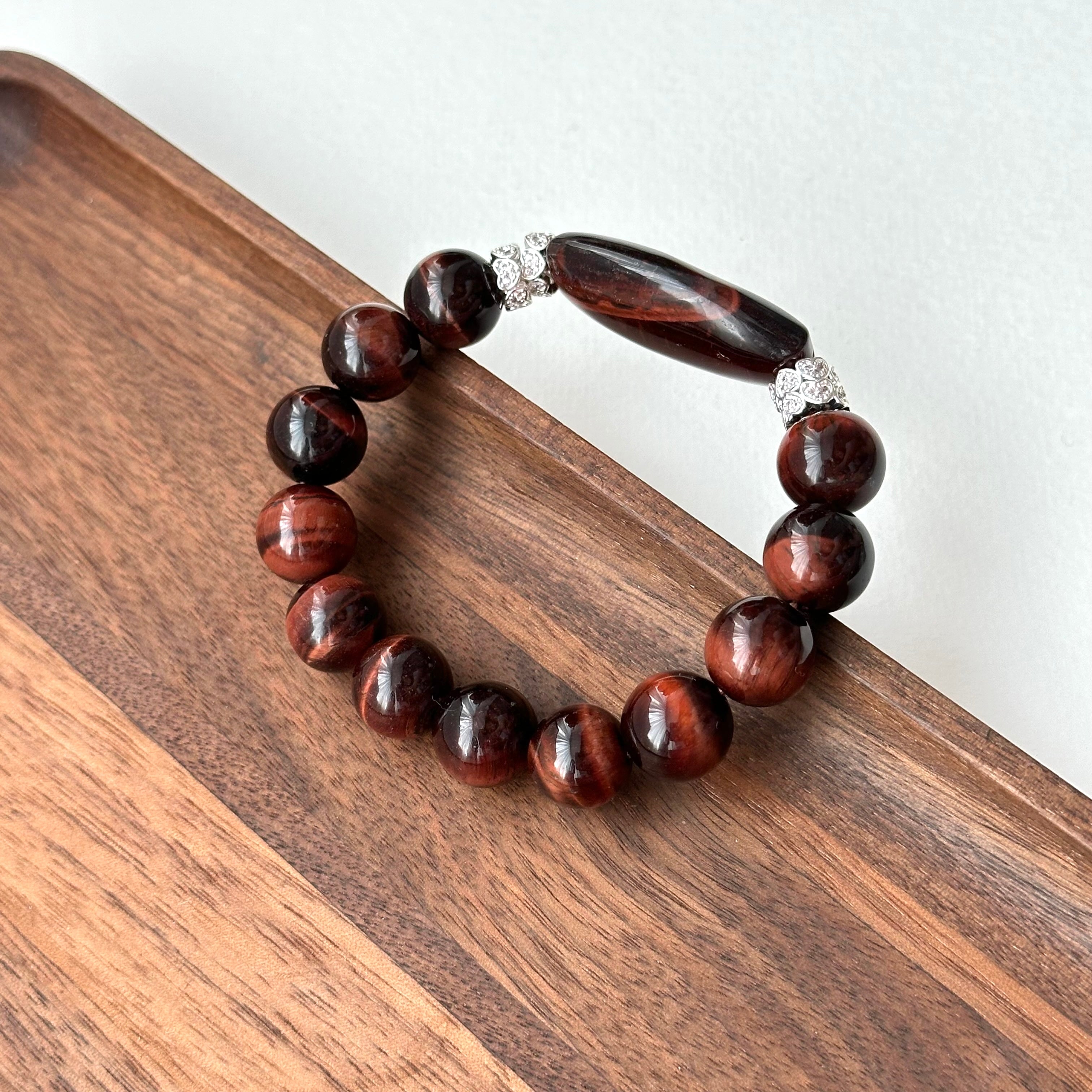 BS220 [Gemini Birthstone] Red Tiger Eye Heart Silver Plated Bracelet