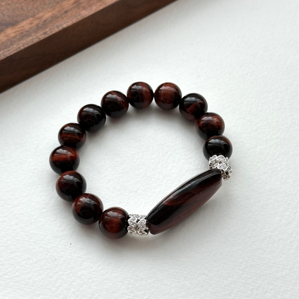 BS220 [Gemini Birthstone] Red Tiger Eye Heart Silver Plated Bracelet