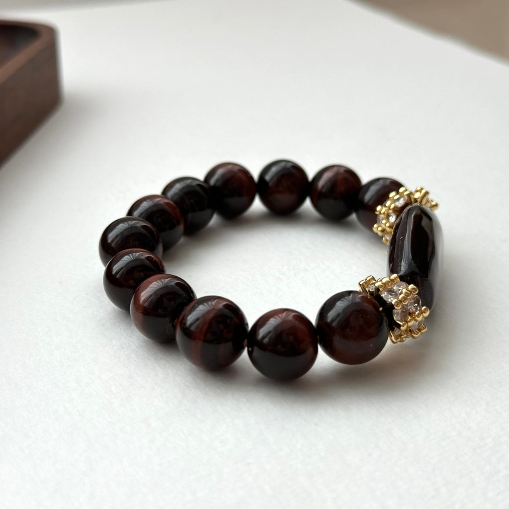 BS223 [Gemini Birthstone] Red Tiger Eye 14k Gear Gold-plated Bracelet