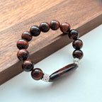 BS220 [Gemini Birthstone] Red Tiger Eye Heart Silver Plated Bracelet