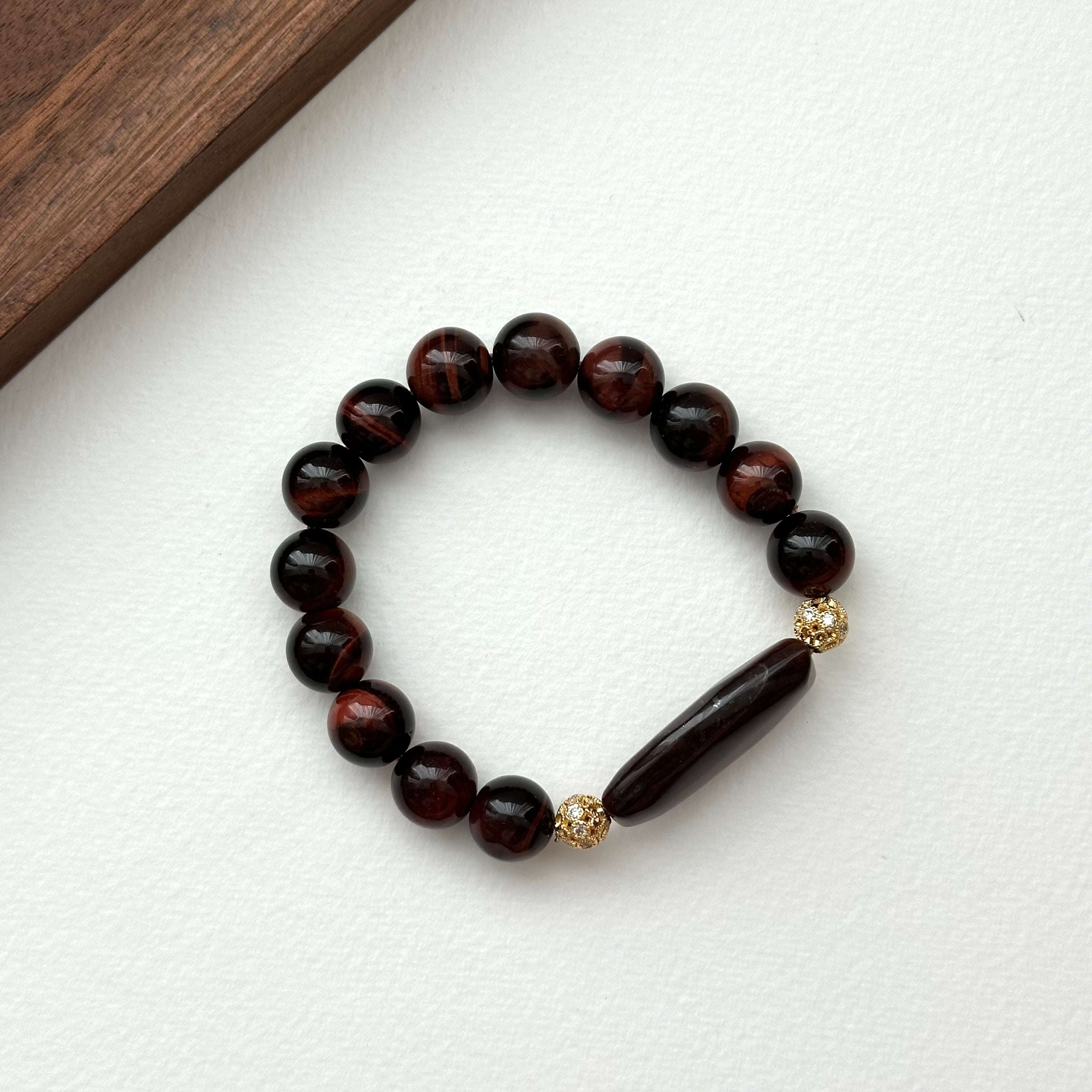 BS217 [Gemini Birthstone] Red Tiger Eye 18k Gold Plated Ball Bracelet