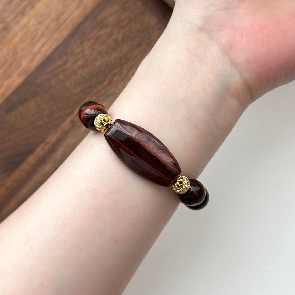 BS217 [Gemini Birthstone] Red Tiger Eye 18k Gold Plated Ball Bracelet