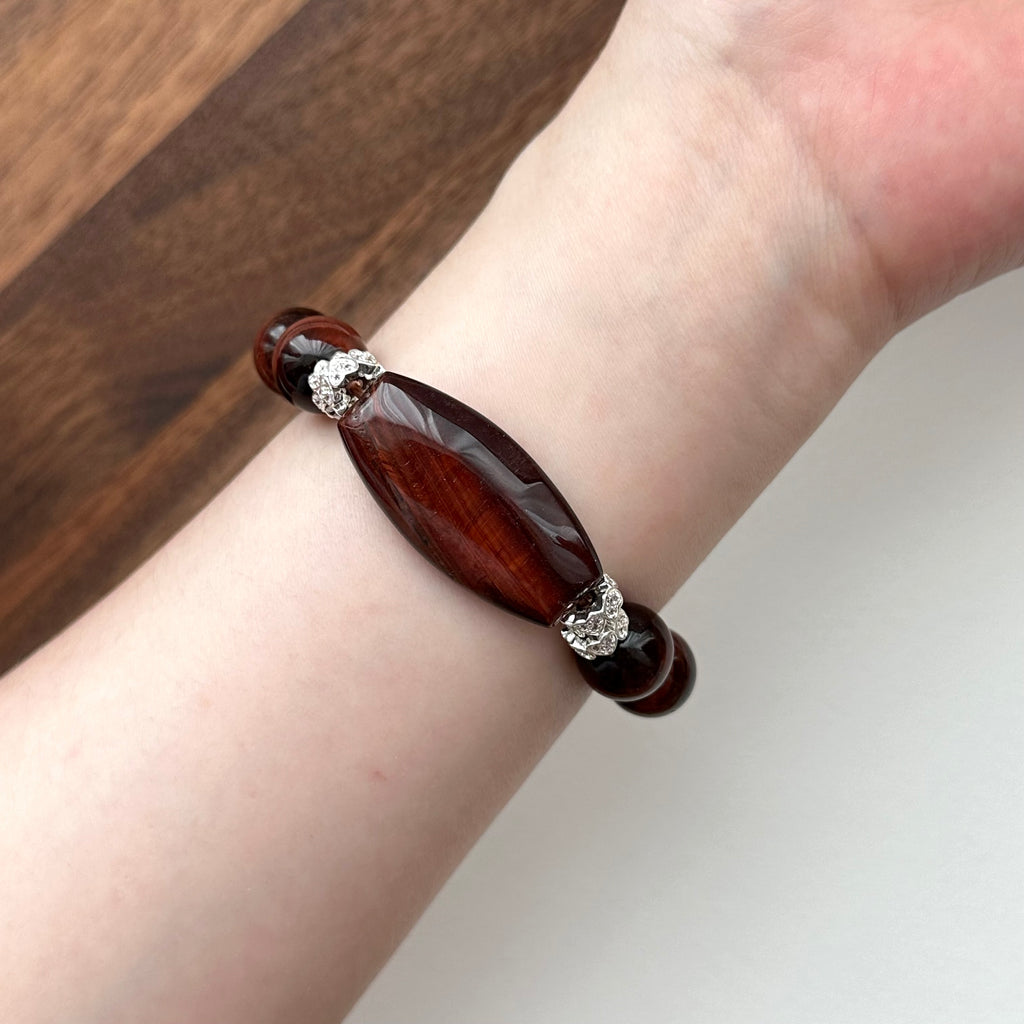BS220 [Gemini Birthstone] Red Tiger Eye Heart Silver Plated Bracelet