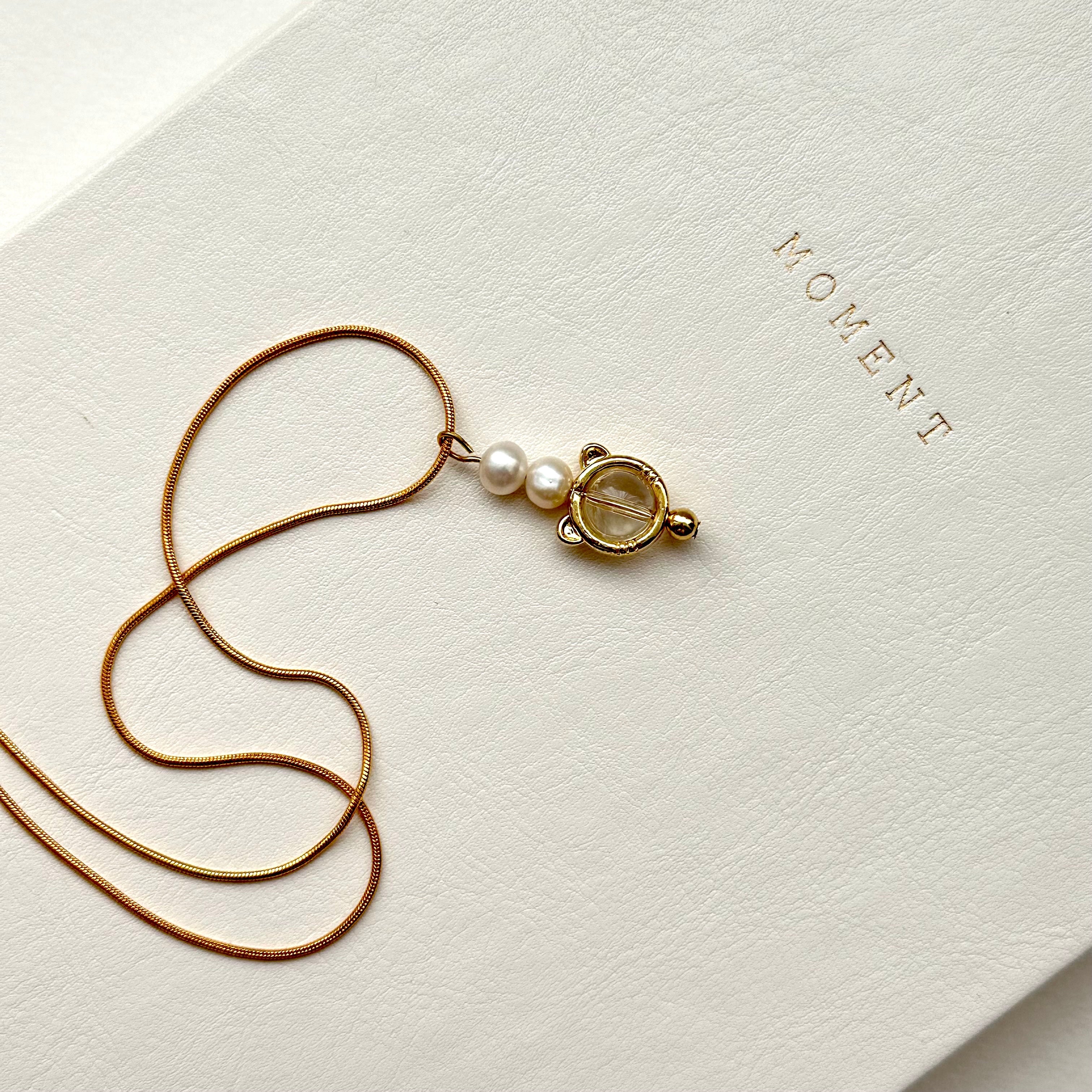 N52 [Aries/Taurus | April] White Crystal | Freshwater Pearl | Cat Ears | Gold Plated Necklace