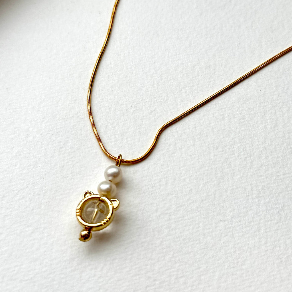 N52 [Aries/Taurus | April] White Crystal | Freshwater Pearl | Cat Ears | Gold Plated Necklace