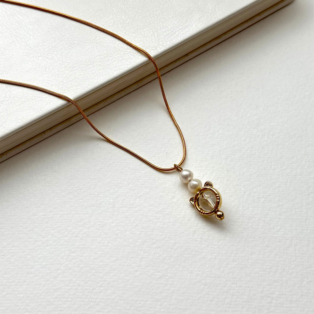 N52 [Aries/Taurus | April] White Crystal | Freshwater Pearl | Cat Ears | Gold Plated Necklace