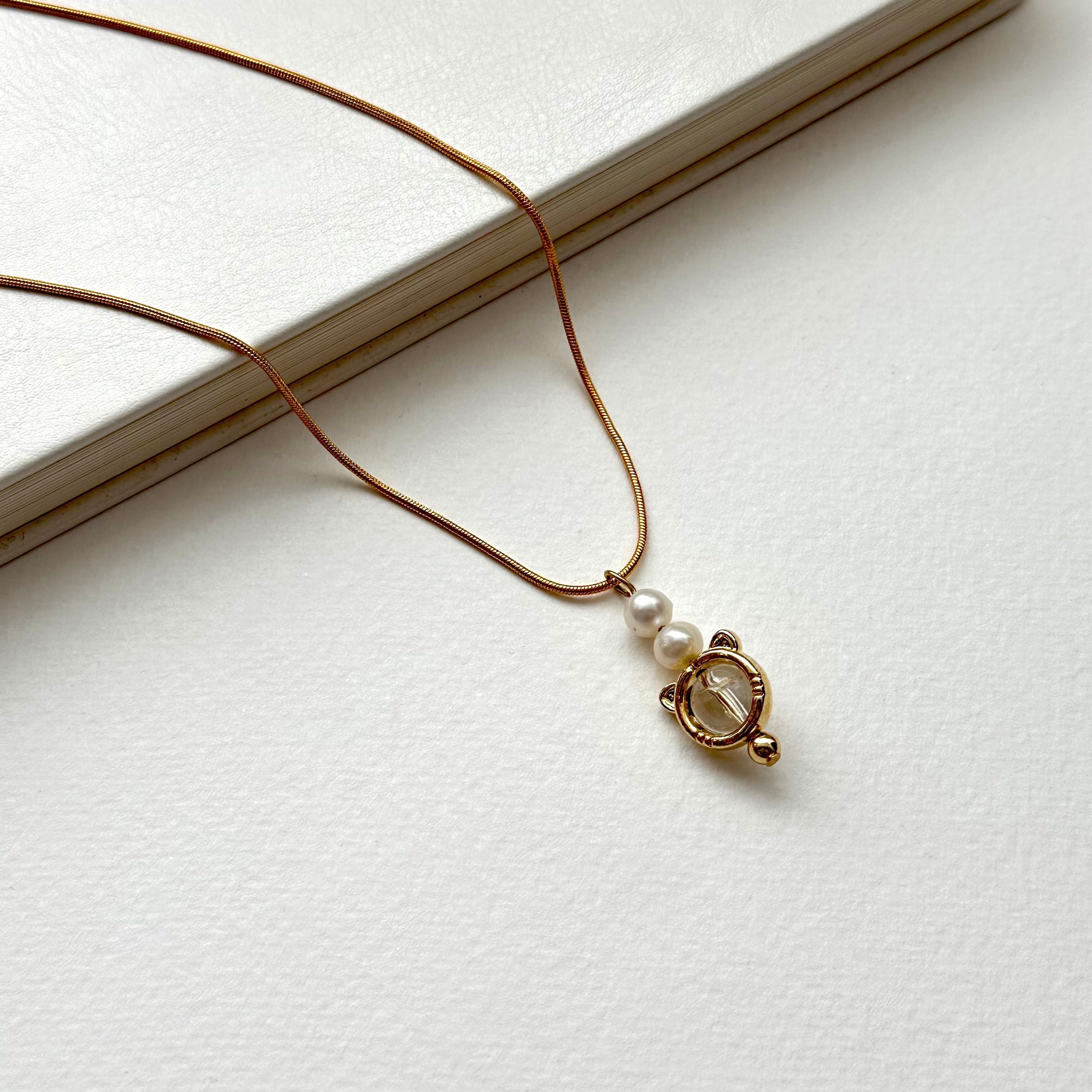 N52 [Aries/Taurus | April] White Crystal | Freshwater Pearl | Cat Ears | Gold Plated Necklace
