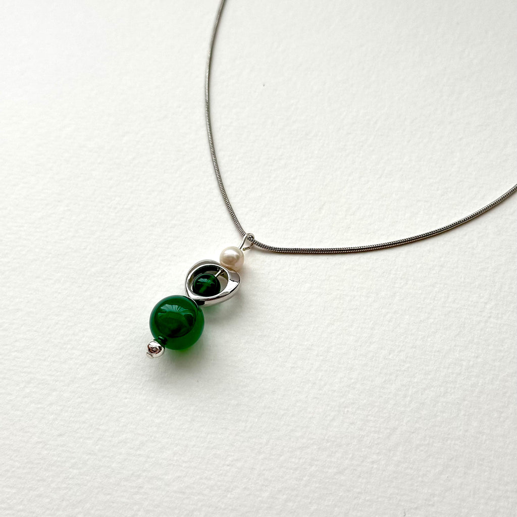 N55 [Love and Harmony] Green Agate | Freshwater Pearl | Solid Silver Plated | Necklace