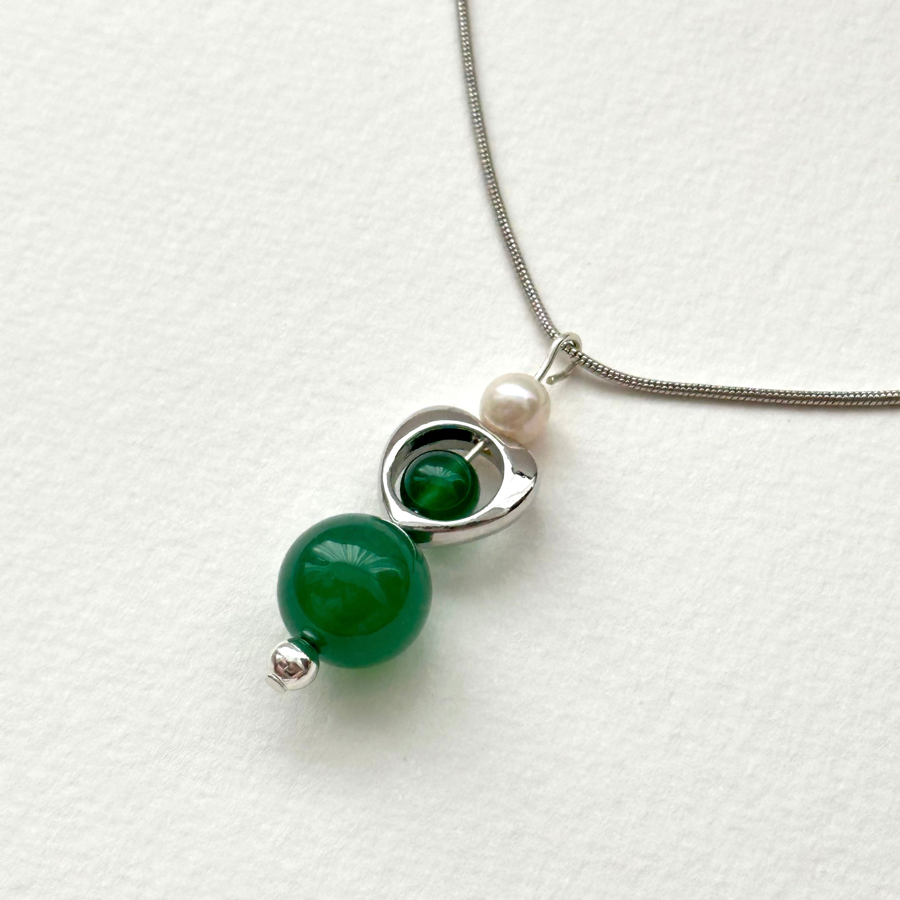 N55 [Love and Harmony] Green Agate | Freshwater Pearl | Solid Silver Plated | Necklace