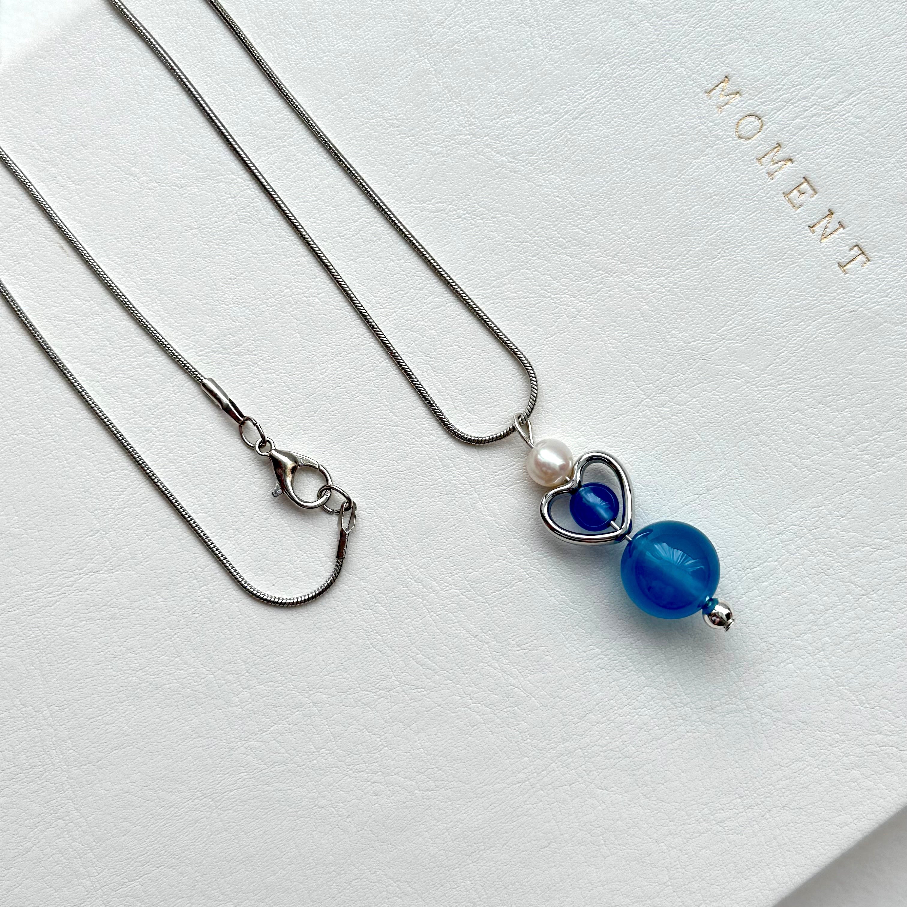 N56 [Blue World] Blue Agate | Freshwater Pearl | Hollow Silver Plated | Necklace