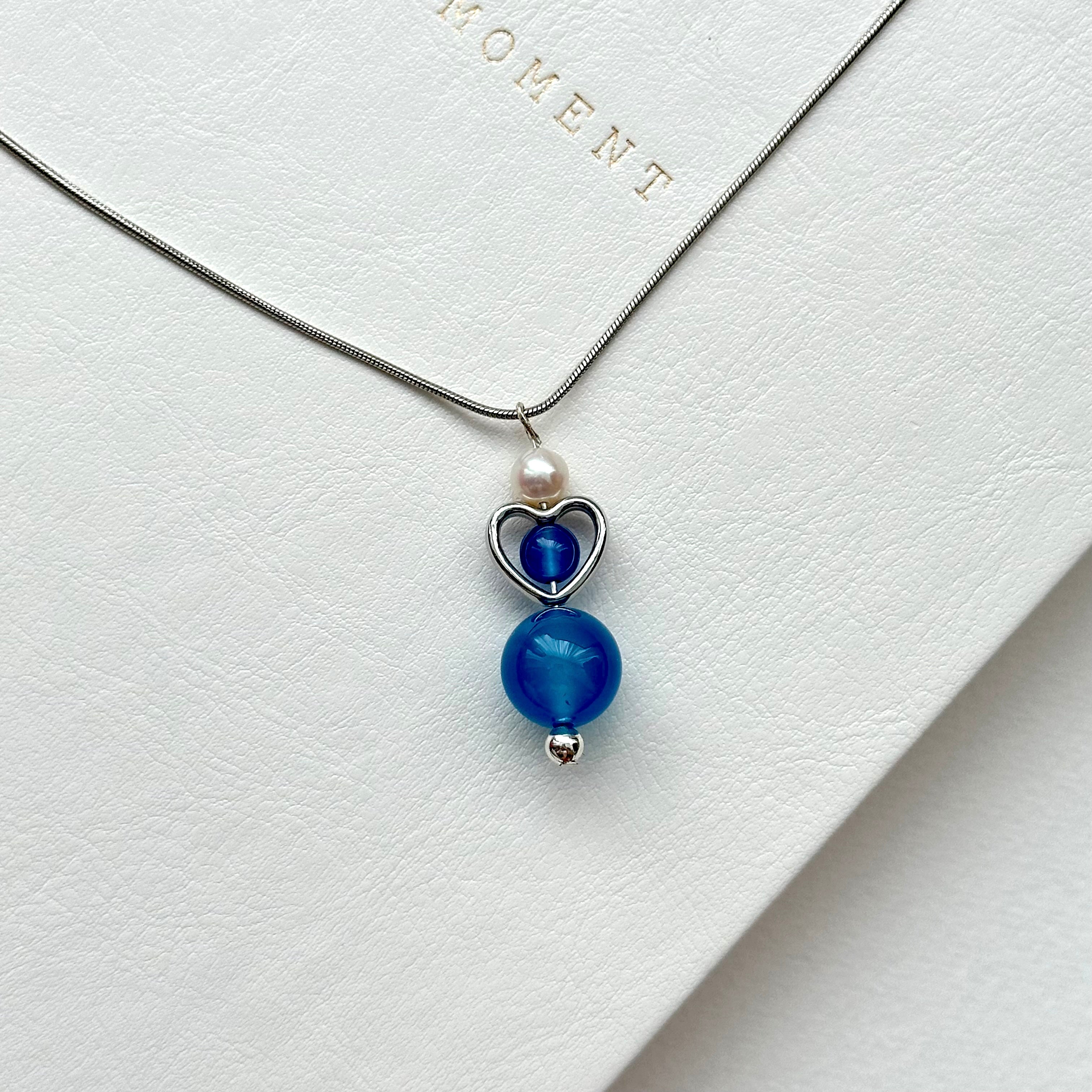 N56 [Blue World] Blue Agate | Freshwater Pearl | Hollow Silver Plated | Necklace