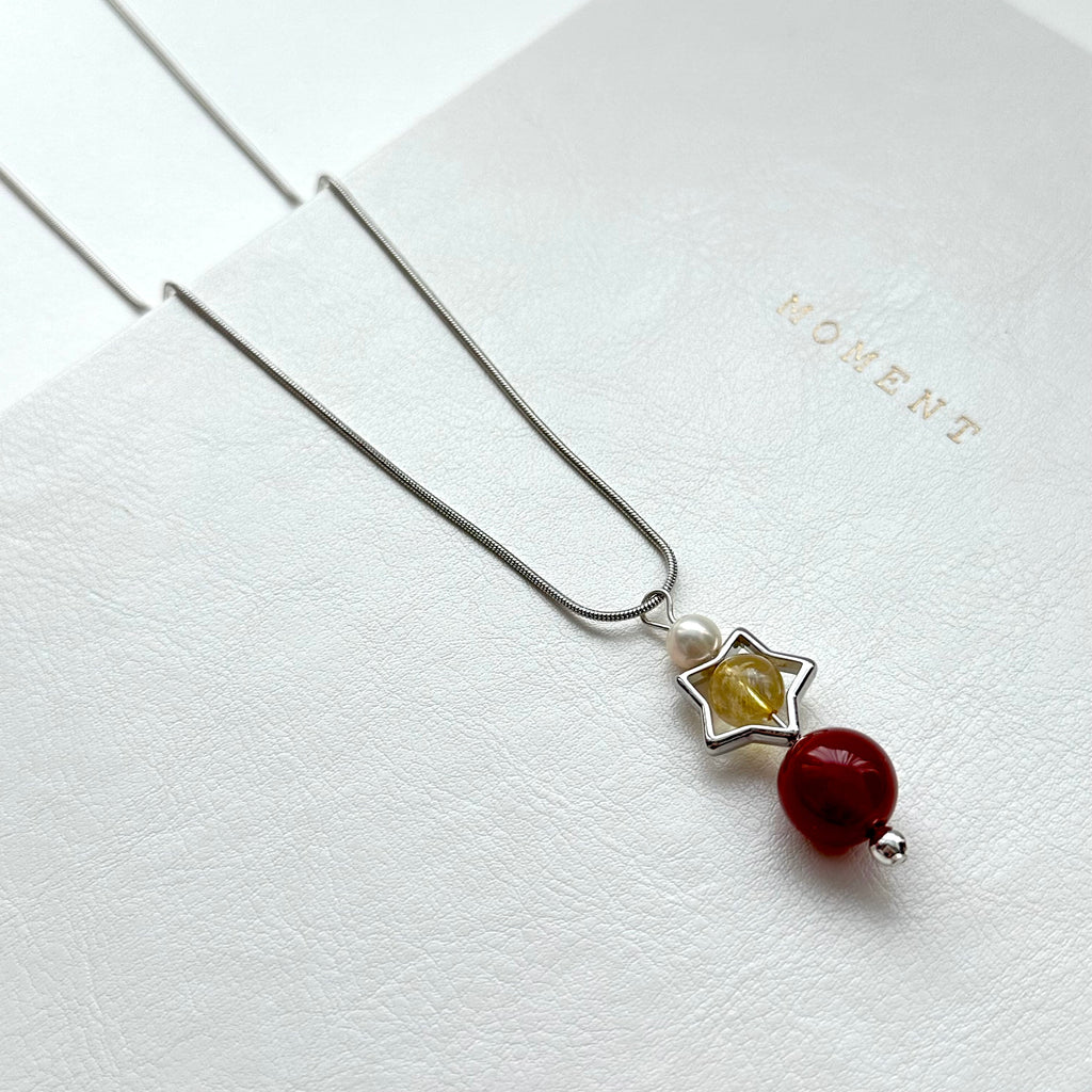 N81【天蠍射手座|11月】 黃水晶|紅瑪瑙|星星鍍銀|頸鏈項鏈