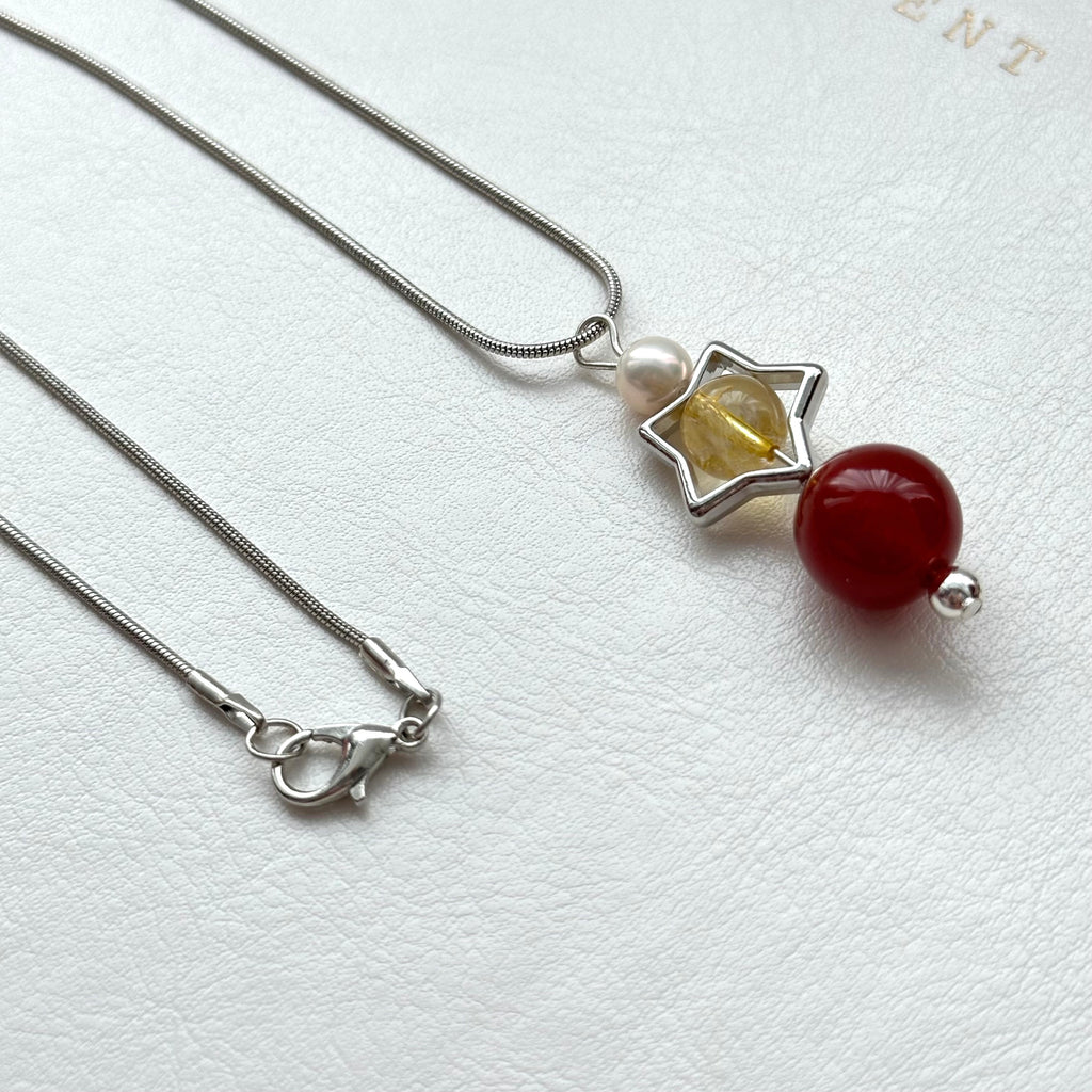 N81【天蠍射手座|11月】 黃水晶|紅瑪瑙|星星鍍銀|頸鏈項鏈