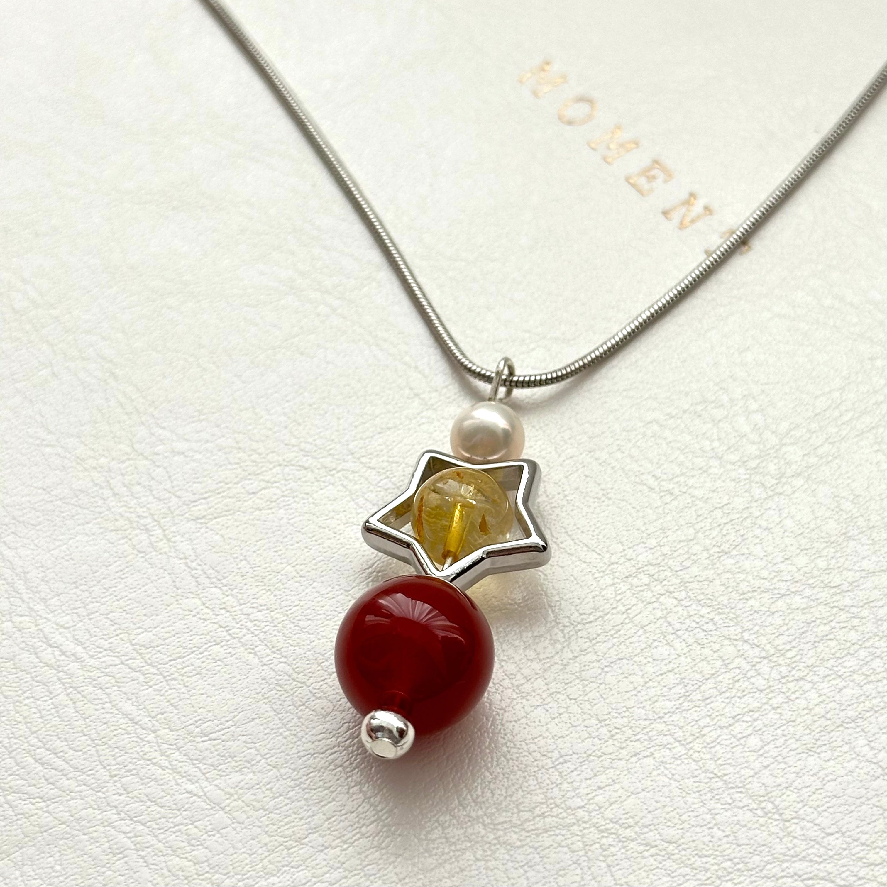 N81【天蠍射手座|11月】 黃水晶|紅瑪瑙|星星鍍銀|頸鏈項鏈