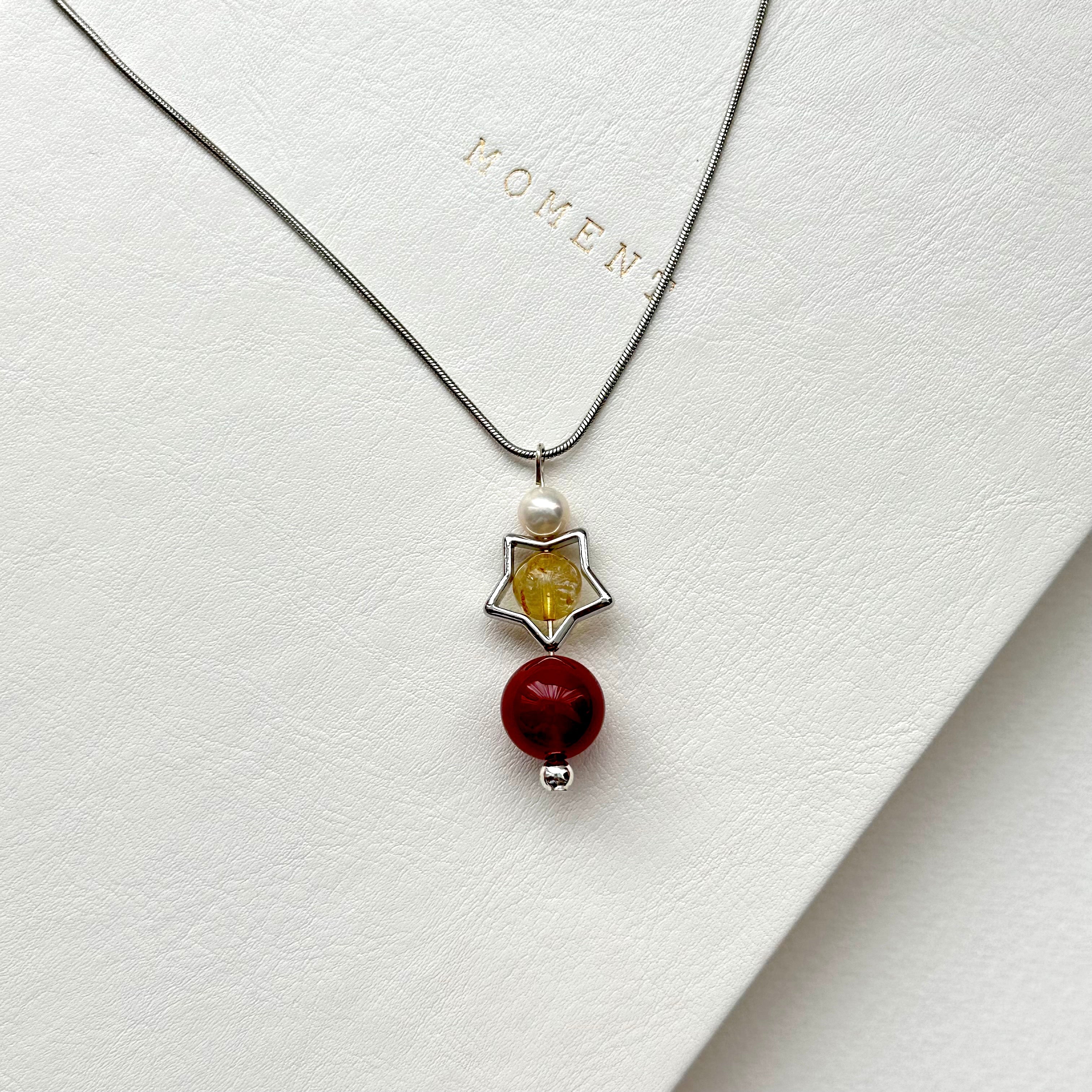 N81【天蠍射手座|11月】 黃水晶|紅瑪瑙|星星鍍銀|頸鏈項鏈