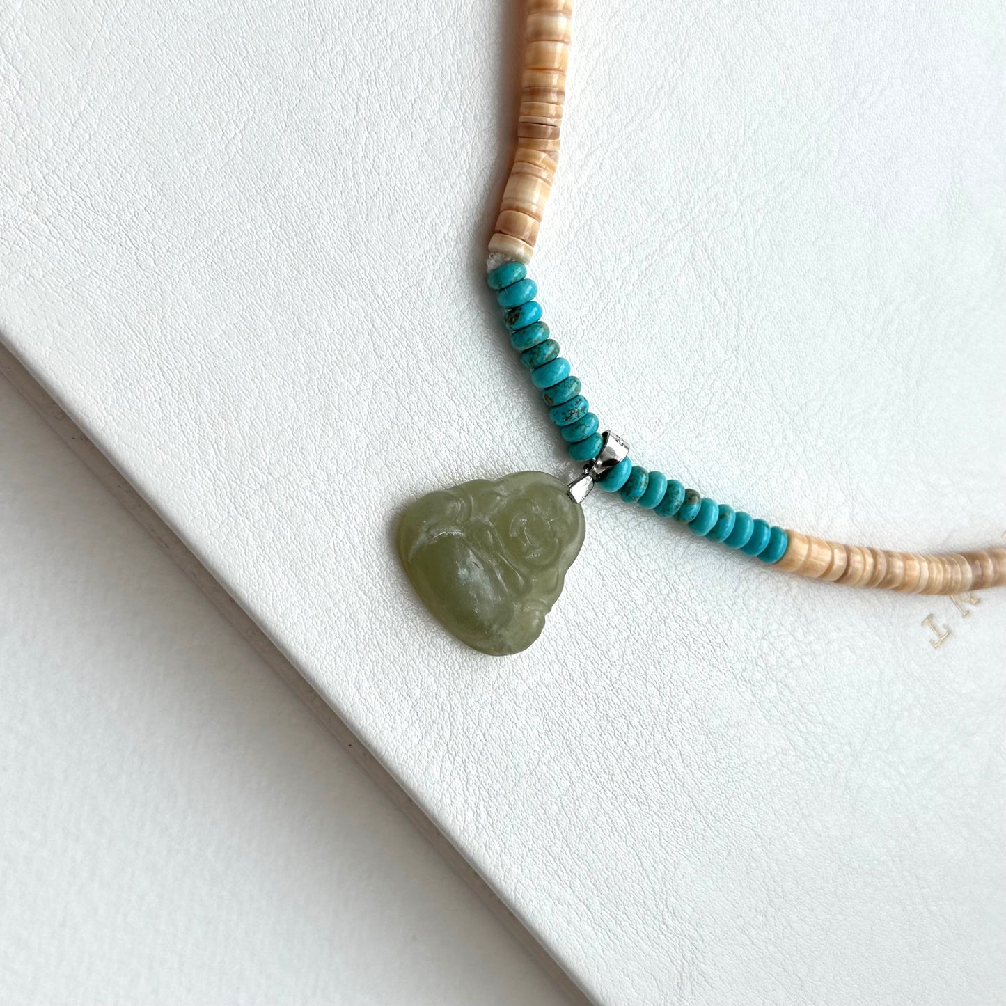 N57 [Overcoming Suffering] Shell Turquoise Agate Cloud Smiling Buddha Maitreya Buddha Necklace