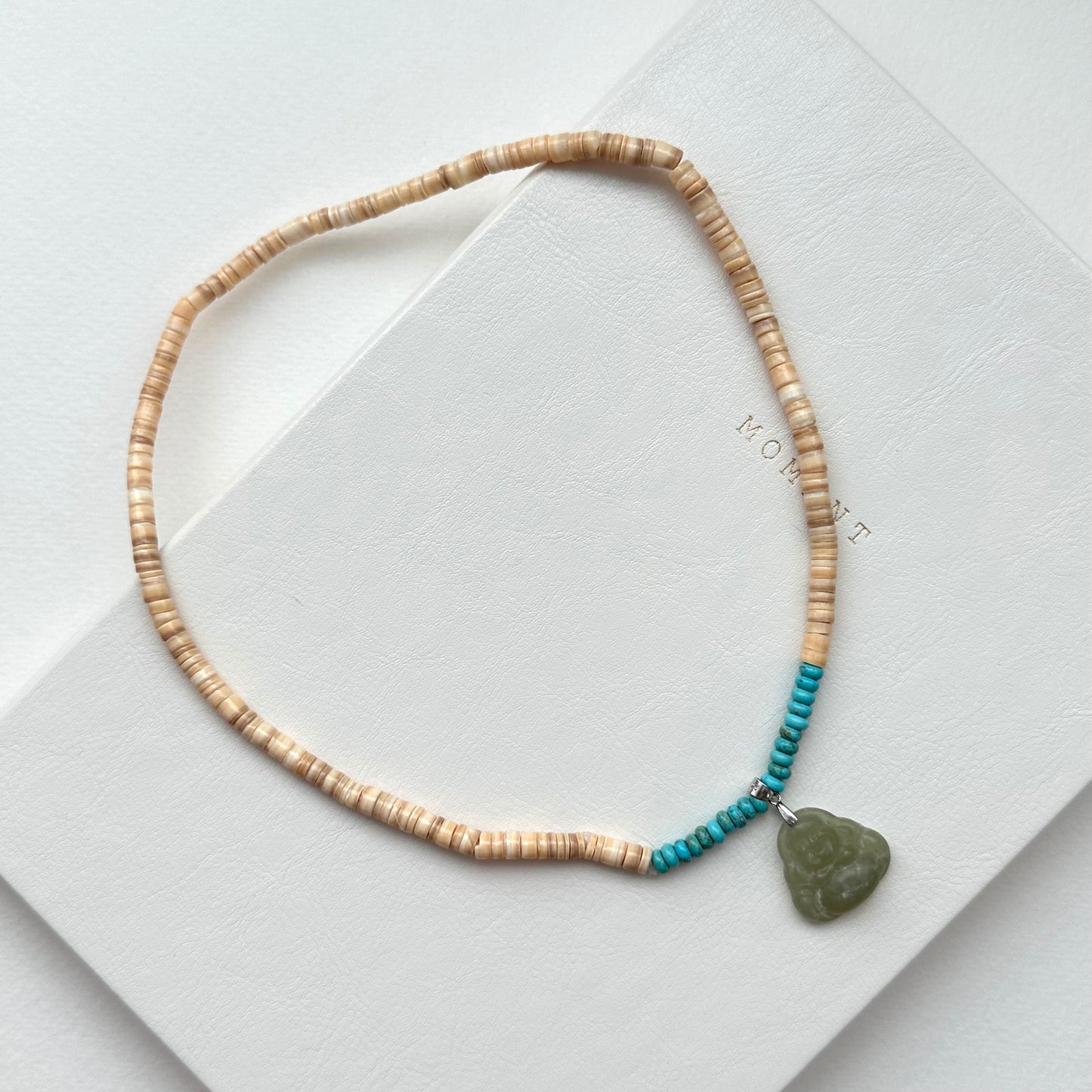 N57 [Overcoming Suffering] Shell Turquoise Agate Cloud Smiling Buddha Maitreya Buddha Necklace