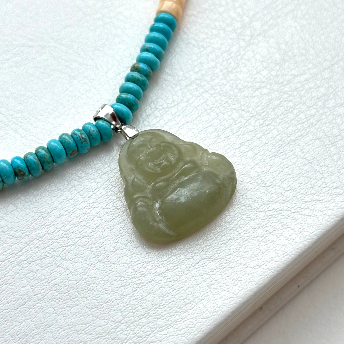 N57 [Overcoming Suffering] Shell Turquoise Agate Cloud Smiling Buddha Maitreya Buddha Necklace