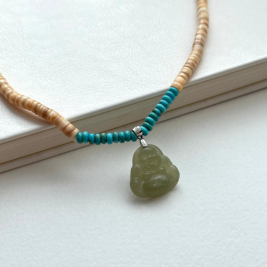 N57 [Overcoming Suffering] Shell Turquoise Agate Cloud Smiling Buddha Maitreya Buddha Necklace