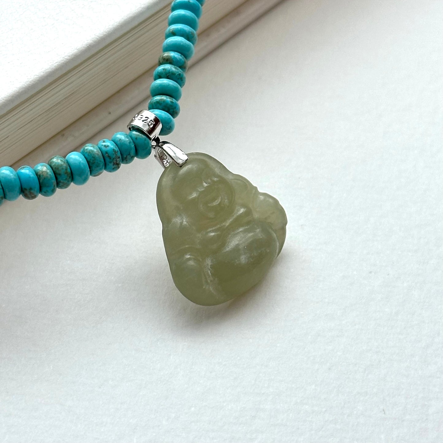 N57 [Overcoming Suffering] Shell Turquoise Agate Cloud Smiling Buddha Maitreya Buddha Necklace