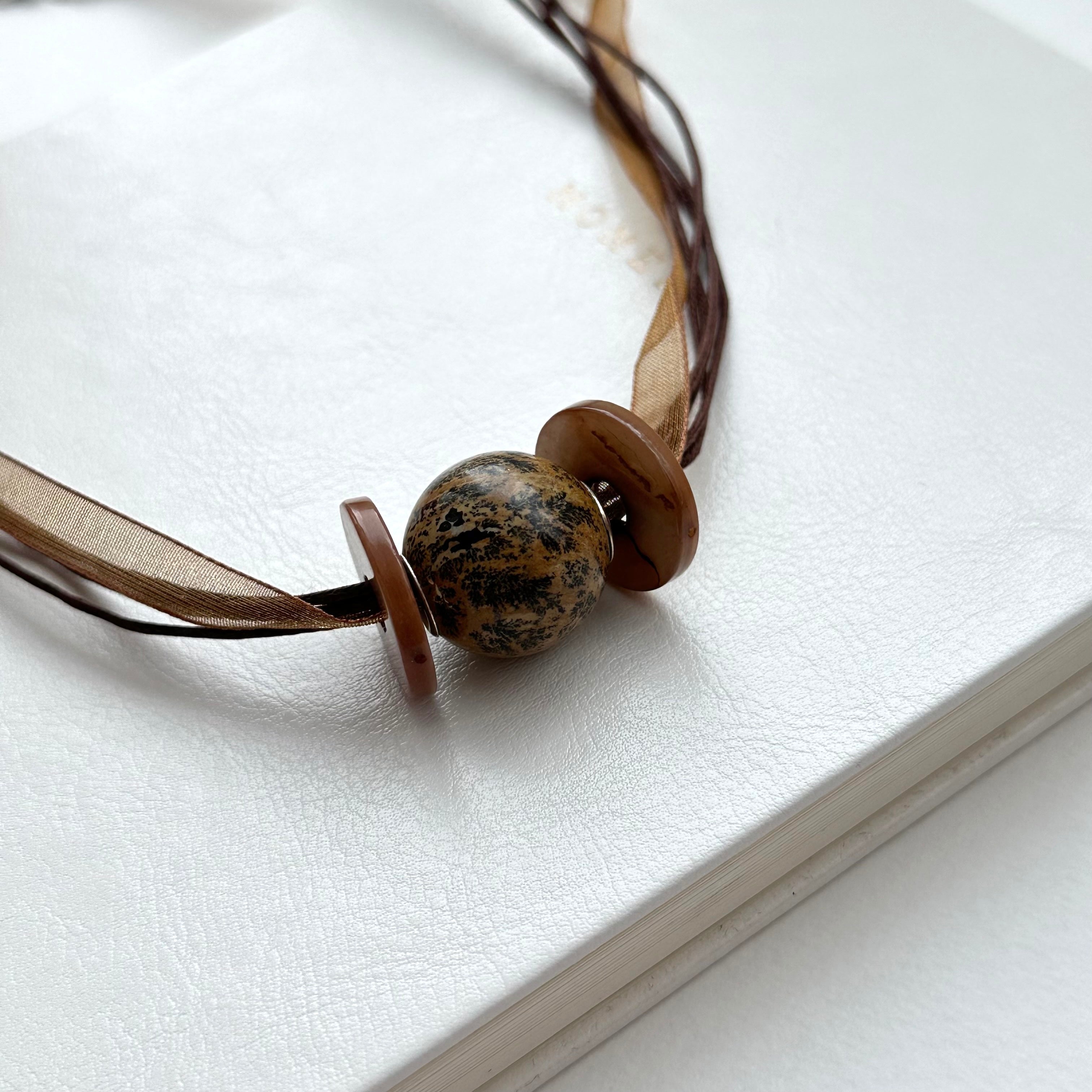 N60 Earth Tone Necklace | Turquoise | Shell | Coffee Ribbon Braid | Necklace